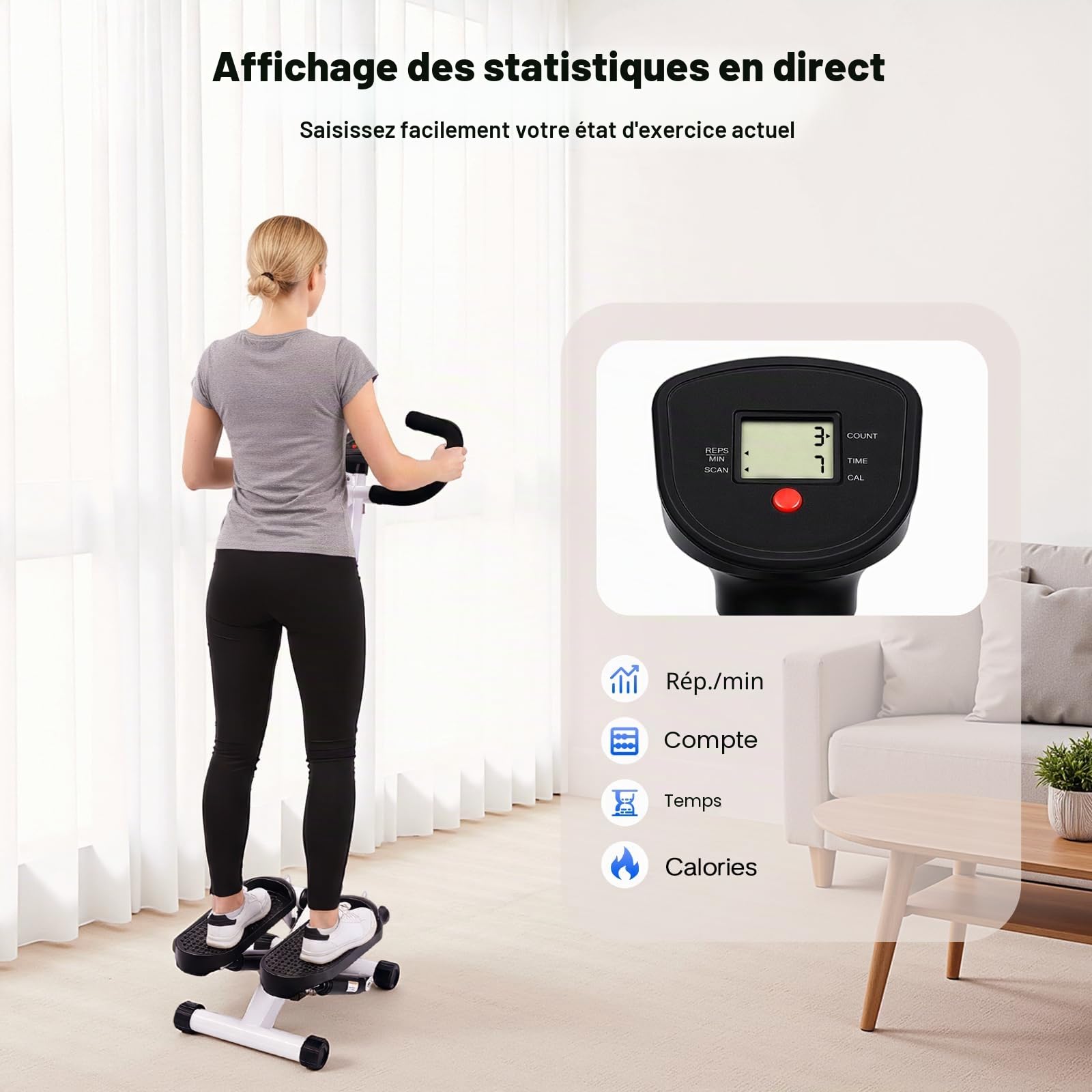 Stepper de fitness, machine à stepper avec guidon, résistance de 150 kg, hauteur d'entraînement réglable, système d'entraînement hydraulique pour perdre du poids, formes et entraînement