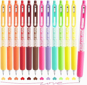 Acrylic Gel Pens For Coloring, 12 Colors Retractable Colored Pens for Black Paper & White Paper, 0.7mm Fine Point Colorful Pens for Coloring, Writing, Drawing, Journaling, Note Taking, Office, Home
