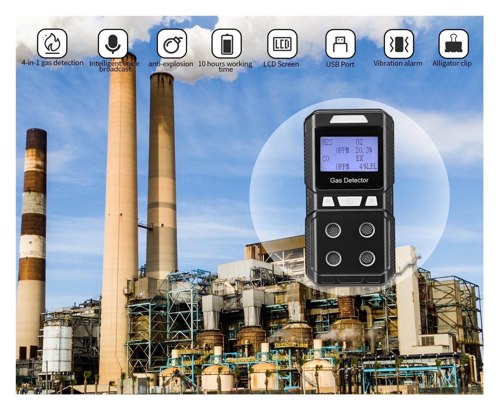 Gasdetektoren, Tragbarer 4-Gas-Detektor, wiederaufladbar, Multi-Gas-Monitor, Luftqualitätstester, Analysator, hohe Präzision