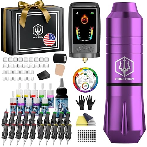 POSEIDON Cordless Tattoo Gun Kit for Beginners – Tattoo Pen Kit with 2300mAh Battery, 20 Needles, Inks & Practice Skin, Complete Tattoo Machine kit Tattoo Supplies