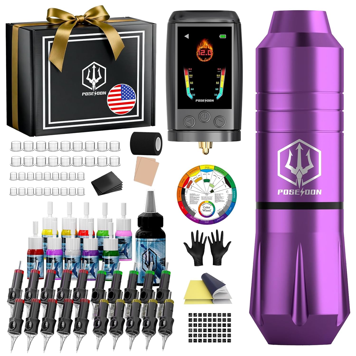 POSEIDON Cordless Tattoo Gun Kit for Beginners – Tattoo Pen Kit with 2300mAh Battery, 20 Needles, Inks & Practice Skin, Complete Tattoo Machine kit Tattoo Supplies