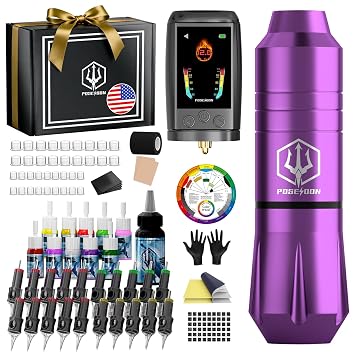 POSEIDON Cordless Tattoo Gun Kit for Beginners Tattoo Pen Kit with 2300mAh Battery, 20 Needles, Inks & Practice Skin, Complete Tattoo Machine kit Tattoo Supplies