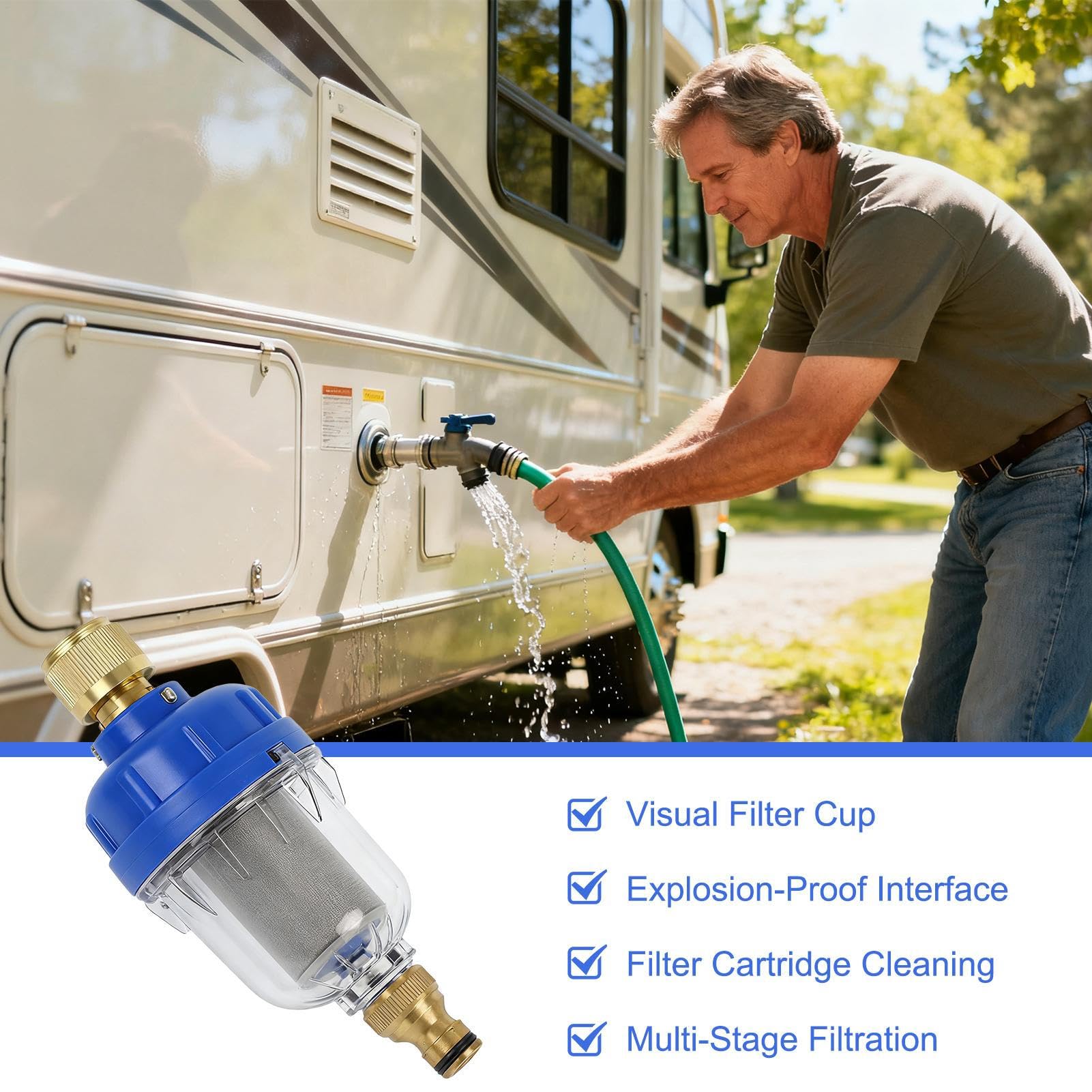 Filtri 'acqua per camper, in acciaio , installazione rapida, depuratore d'acqua per rubinetto da campeggio, per viaggi, rimorchi, roulotte, giardino, cortile, balcone, patio, prato