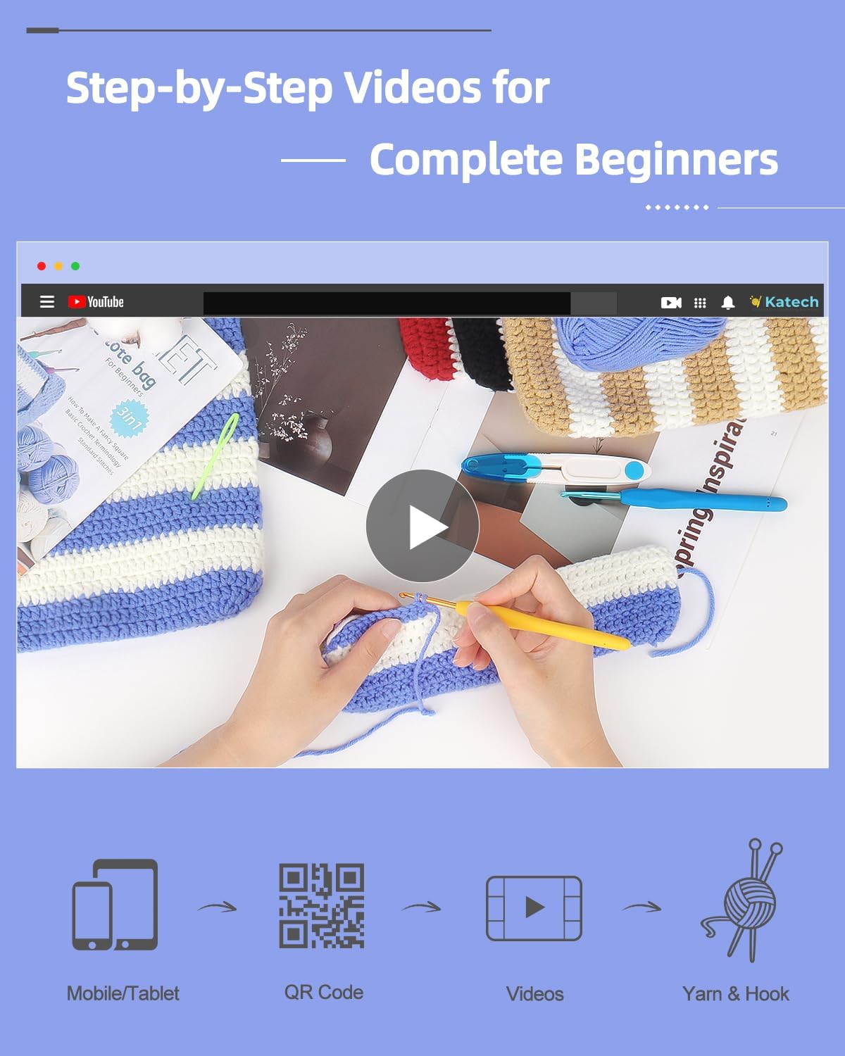 Katech Crochet Kit for Beginners, Striped Tote Bag Crochets Set Includes Yarn Crochet Hooks, Complete Crochets Step-by-Step Guide Needles Accessories Adults Crocheted Starter Kit Crocheter Gift