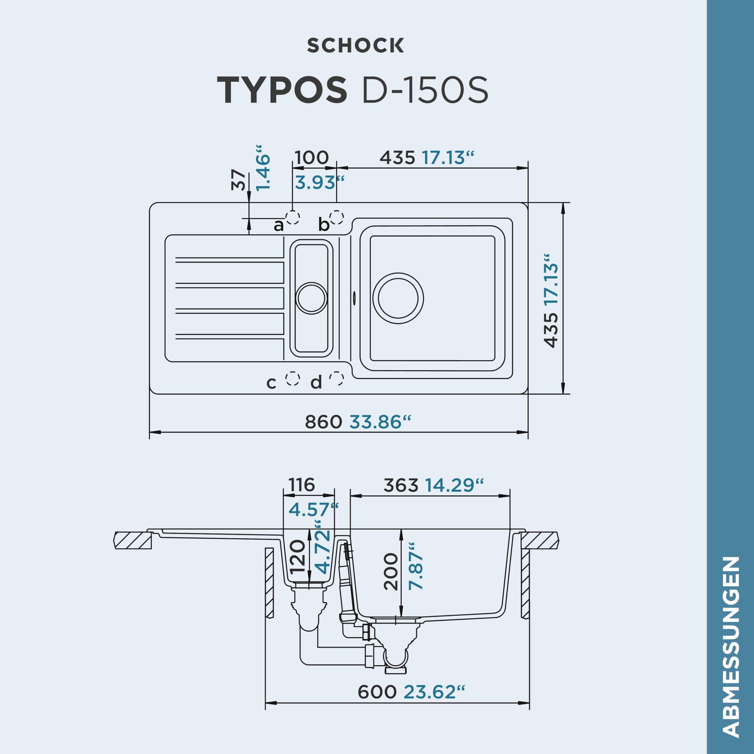SCHOCK Küchenspüle Typos D-150S Asphalt 86x43,5 cm | Granitspüle aus CRISTALITE Grau mit Becken und Abtropffläche | Einbauspüle für 60 cm Unterschrank | Pflegeleicht und robust durch Quarzkomposit
