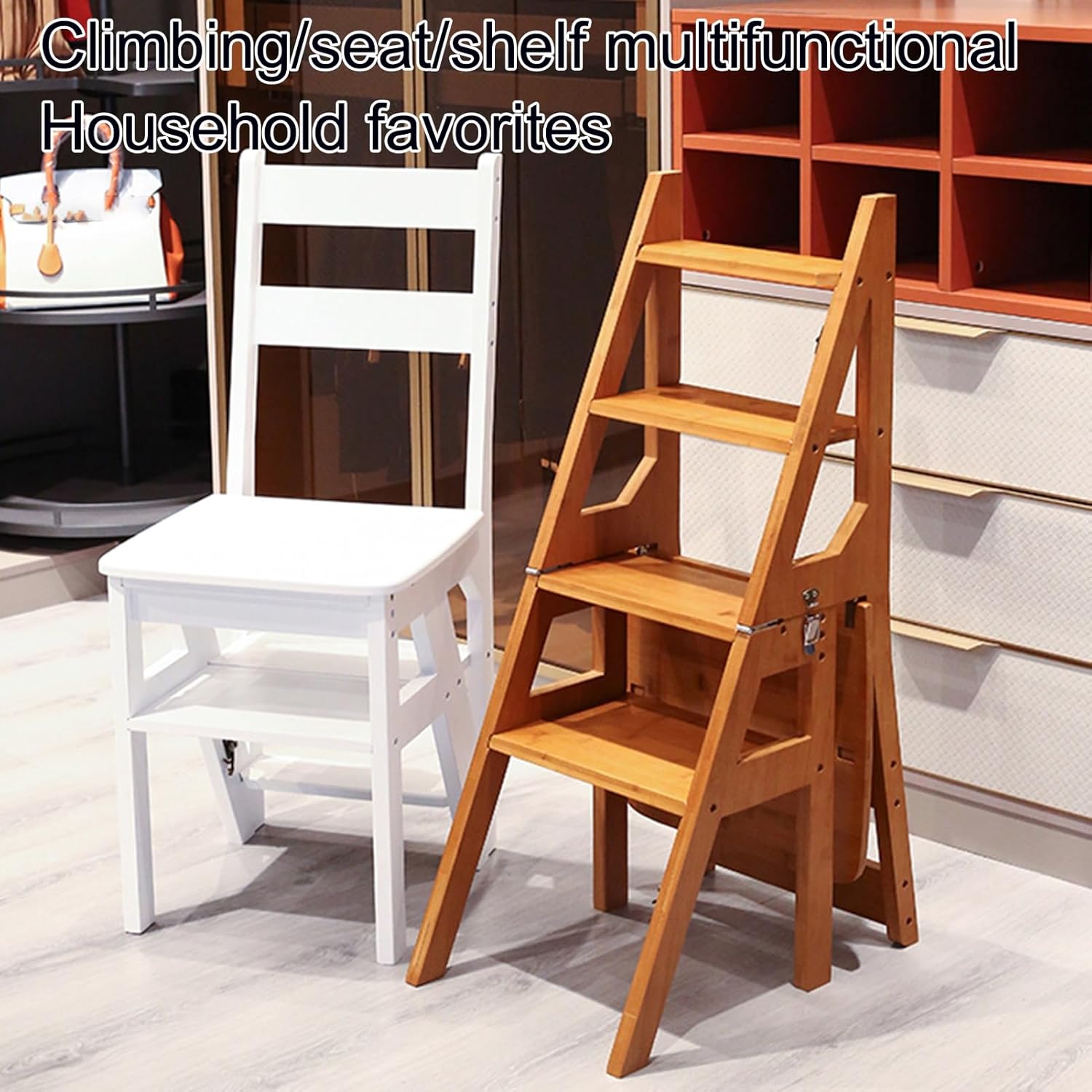 Folding Solid Wood Step Stool Versatile Wooden Ladder Chair for Adults Portable 4 Step Ladder for Bookcases Sturdy Bench Stool for Home & Office Use