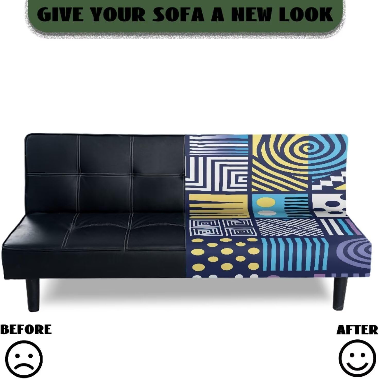 Geometric Collage Futon Sofa Covers Washable Dark Blue Furniture Protector Elastic Bottom Couch Slipcovers Non Slip Home Decor for Indoor