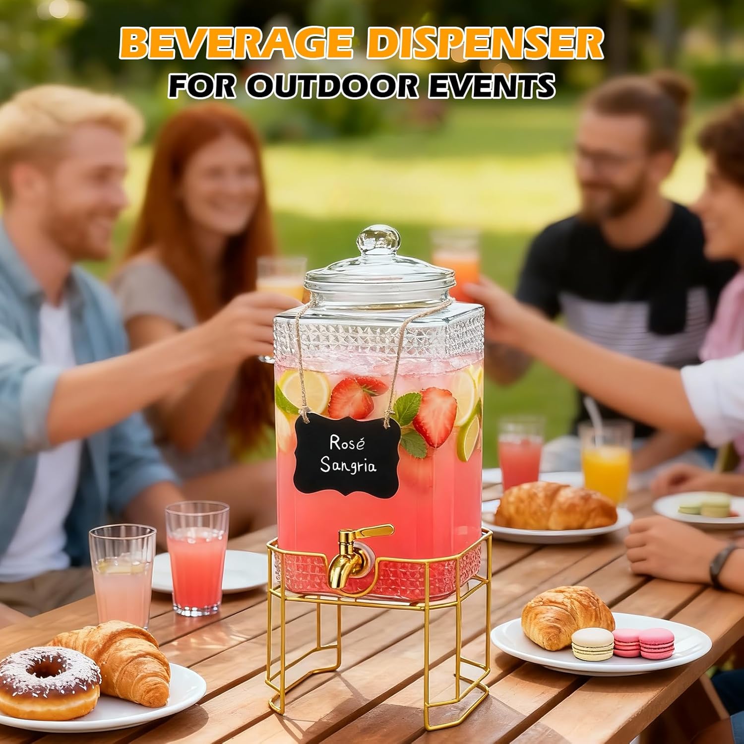 Drink Dispenser for Parties with Stand – 2 Gallon Beverage Dispenser with 18/8 Gold Stainless Steel Leak-Proof Spigot and Glass Lid, Ideal for Tea, Juice, Lemonade, and Party Drinks