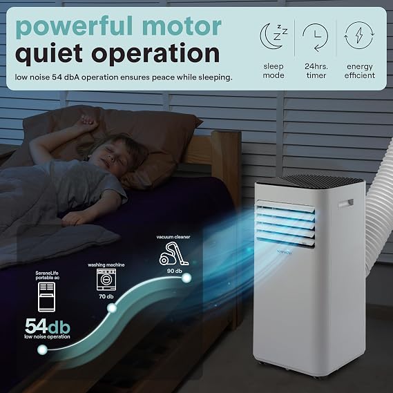SereneLife Portable Air Conditioner 8,000 BTU with Built-in Dehumidifier - Portable AC unit for rooms up to 350 sq ft - Small AC Unit Remote Control, Window Mount Exhaust Kit