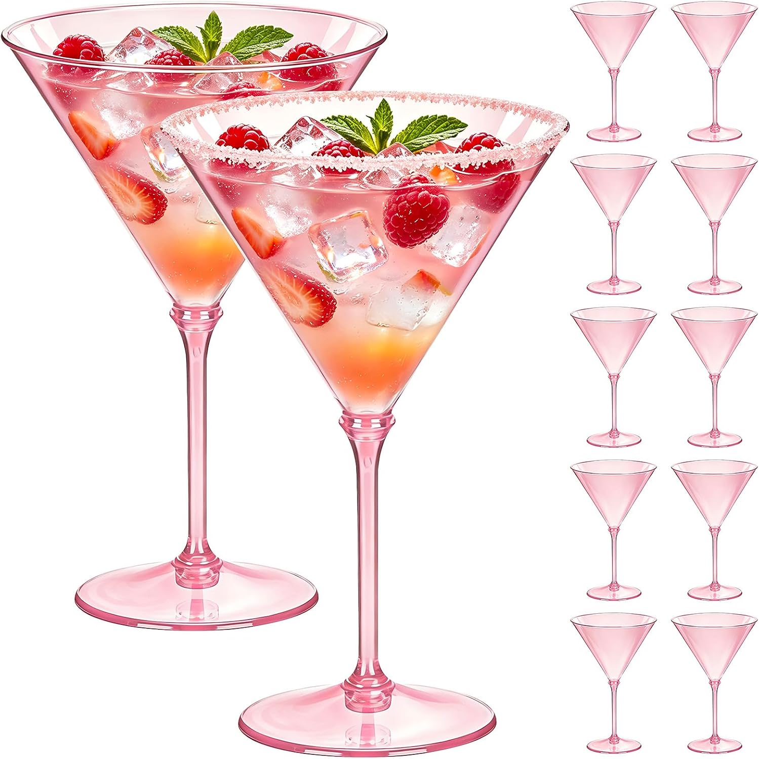 ZOMUIA 12 Pcs Plastic Martini Glasses, 10oz Pink Plastic Cocktail Glasses