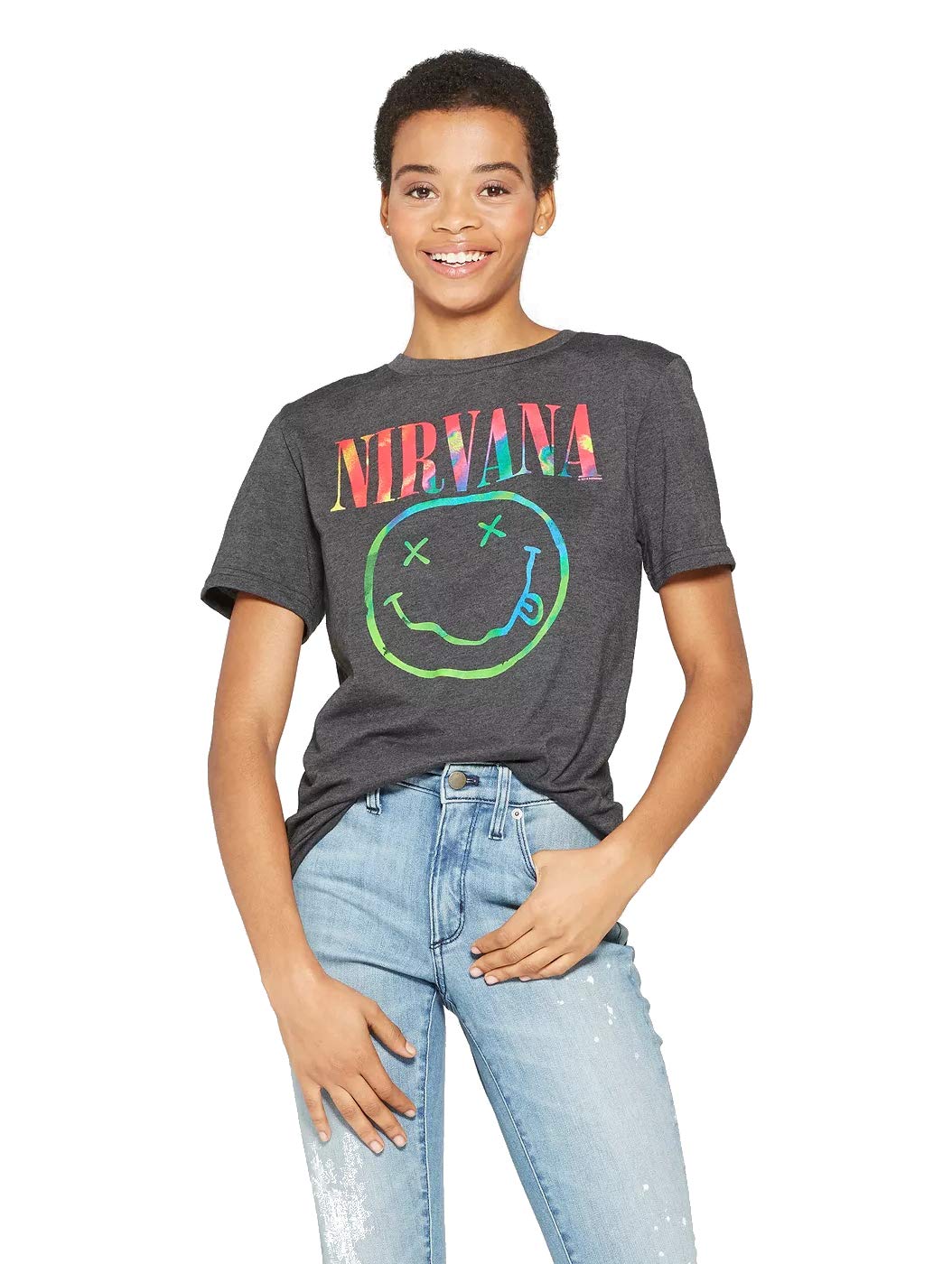 Nirvana Women's Short-Sleeve Neon Smile Boyfriend Graphic T-Shirt (Black)