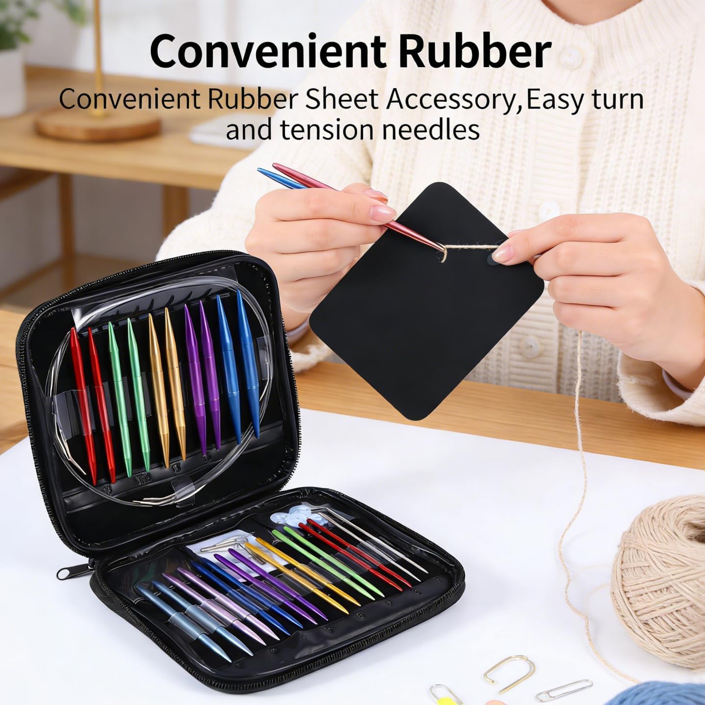 Aluminum Alloy Knitting Needle Kit, 13 Sizes Circular Needles Set with Connect Tools, Black Round Rubber Sheet for Knitting, Well Packed in Pink Workbag