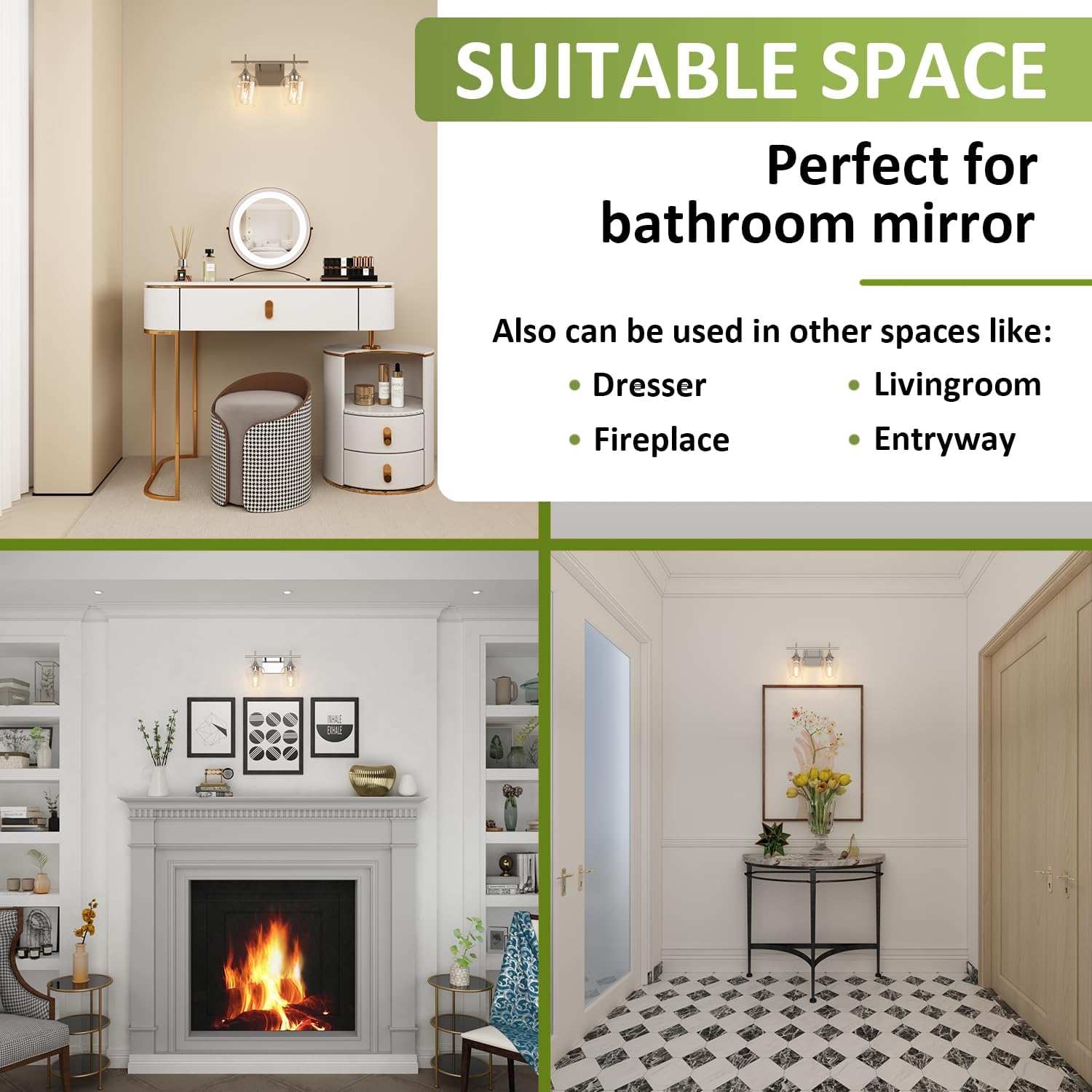 Vanity Bathroom Light, 2-Light Bathroom Light Fixtures Over Mirror, Silver Vanity Lights for Bathroom with Clear Glass, Modern Wall Lamp for Cabinet Hallway, Bedroom 2-Light-Silver