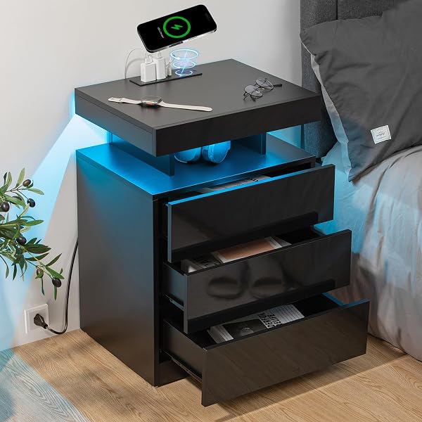 HOMMPA White LED Nightstand with Wireless Charging Station Outlets USB Port Type C Modern Bedside Table Smart LED Nights