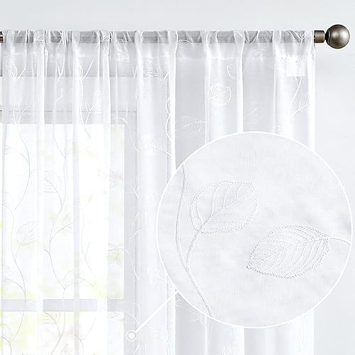 Lazzzy Cortinas traslúcidas con hojas bordadas (2 piezas)