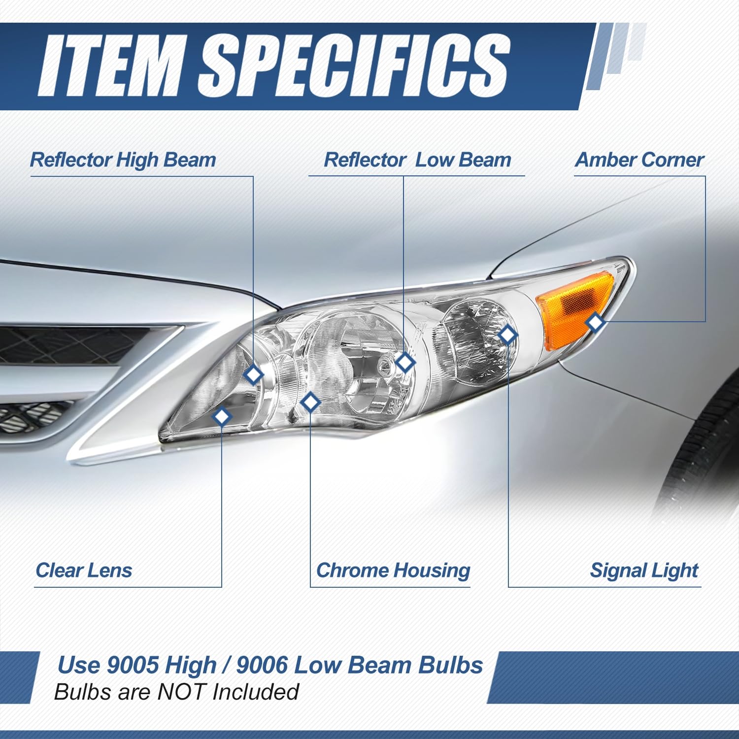 Auto Dynasty Headlight Assembly Compatible with 2011 2012 2013 Toyota Corolla Sedan, Headlamps Replacement with Signal Lights, Driver and Passenger Side, Chrome Housing Amber Corner