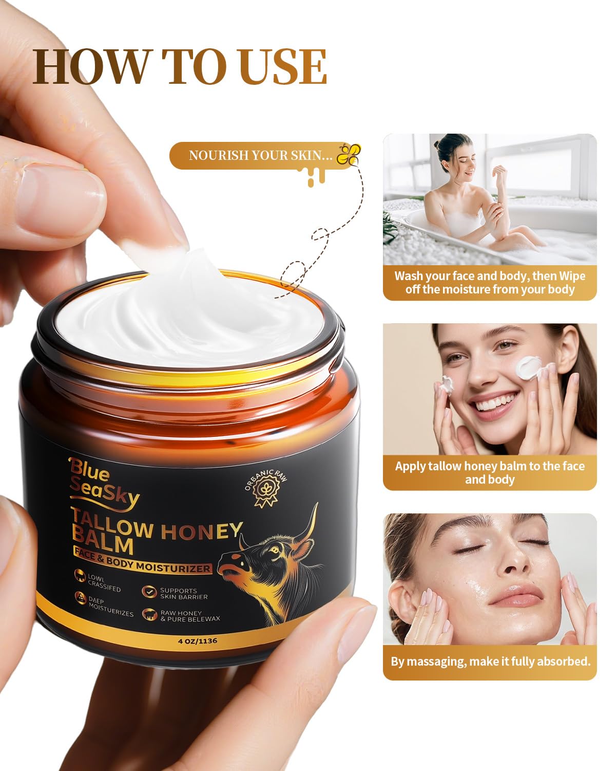 Upgraded Beef Tallow for Skin Handmade Whipped Organic Grass-Fed Tallow and Honey Balm for Eczema & Rosacea,Non-Comedogenic,Beef Tallow Face Moisturizer for Dry, Sensitive Skin(4oz Unscented) - Image 7