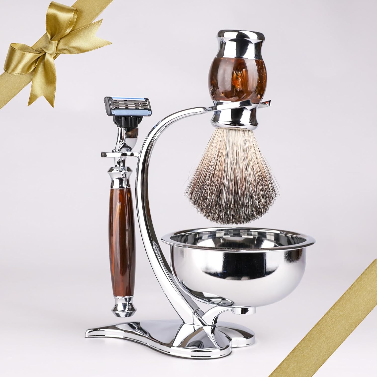 Deluxe Shaving Set for Men - 3-Layer Safety Razor with Badger Hair Brush,Soap Bowl & Magnetic Stand,Grooming Kit for Wet Shaving,Gift for Dad,Father’s Day,Birthday