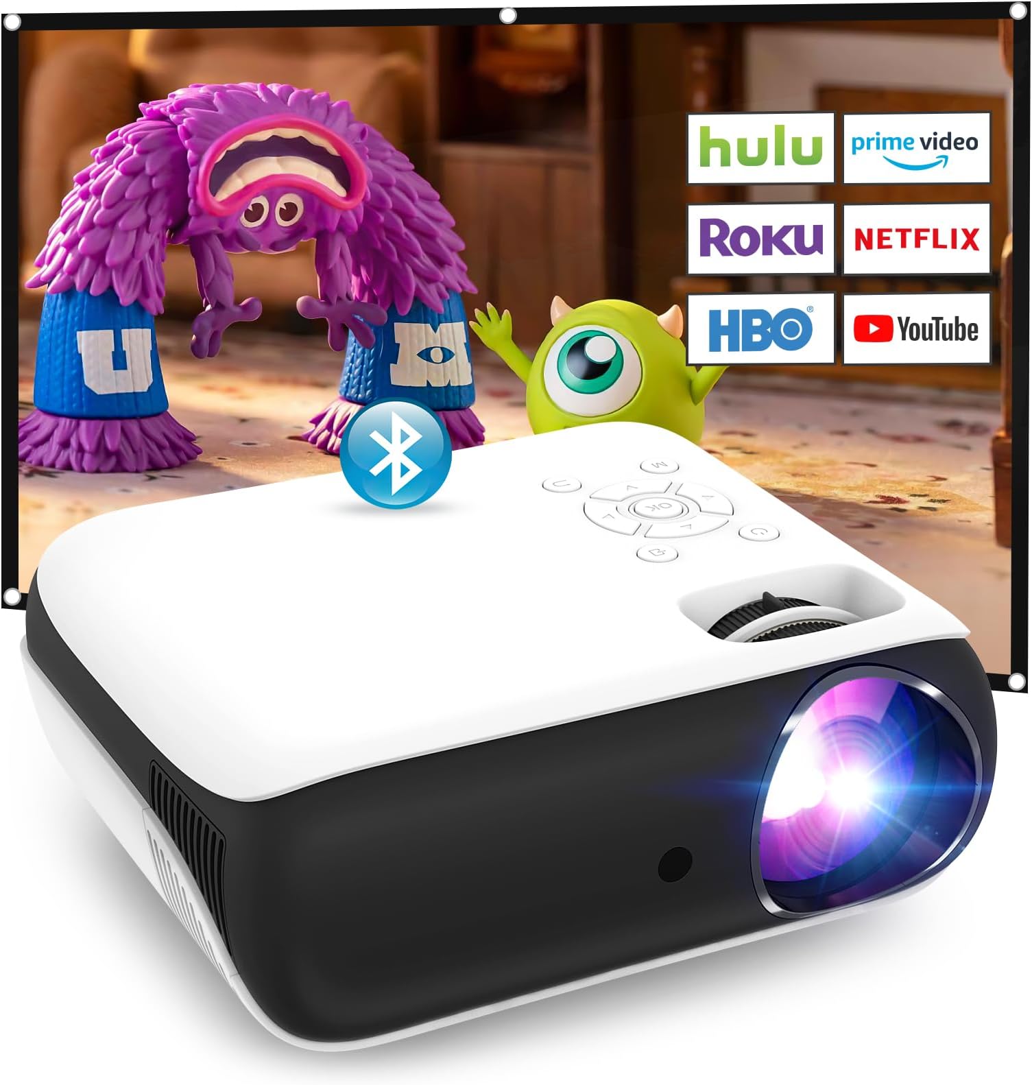 Projector, Full HD 1080P Projector, Bluetooth Projector 4K Supported, Portable Mini Projector Home Cinema, Home/Outdoor Projector Compatible with Smartphone/HDMI/USB/AV/Fire Stick/PS5