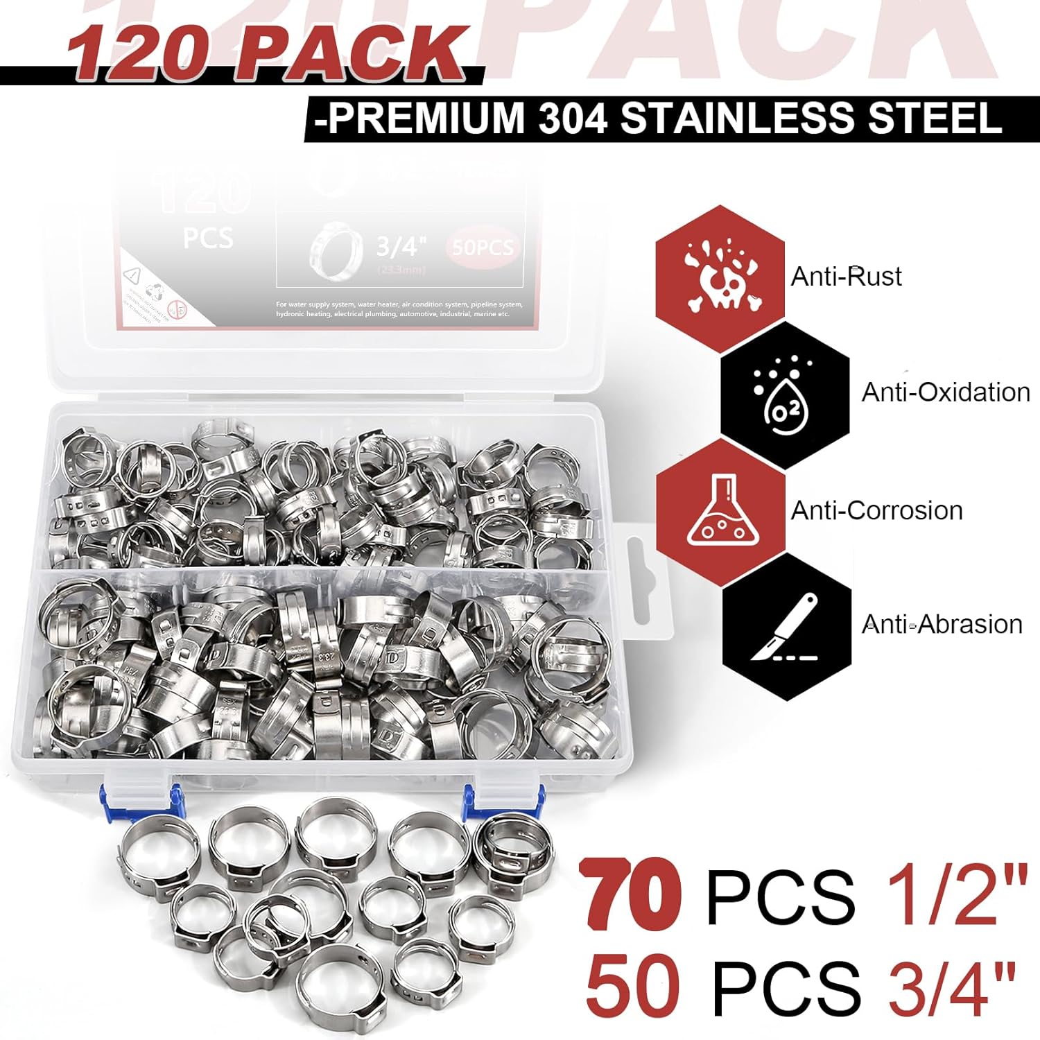 120PCS 1/2",3/4" PEX Clinch Clamps Kit, Premium 304 Stainless Steel Pex Clamps PEX Clamp Rings, Rings Pinch Clamps for PEX Tubing Pipe Fitting Connections By Hydencamm