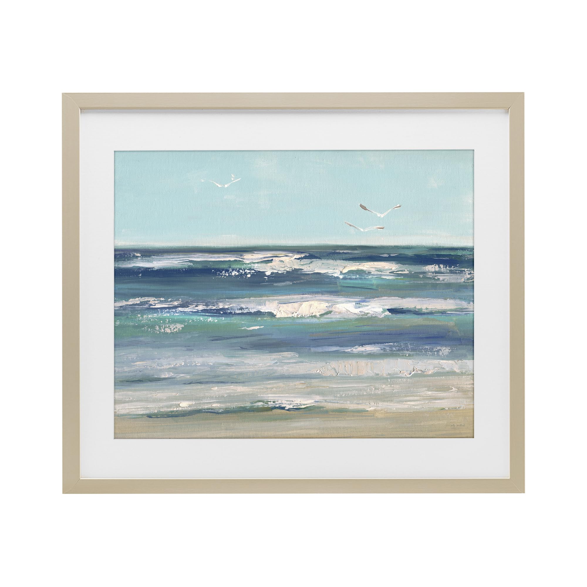 Stupell Industries Seagulls Over Rolling Waves, Tranquil Ocean Shoreline Decor for Dining Room, 13 x 16 Inch Framed Matted Print Under Glass, by Sally Swatland, Made in USA Gift