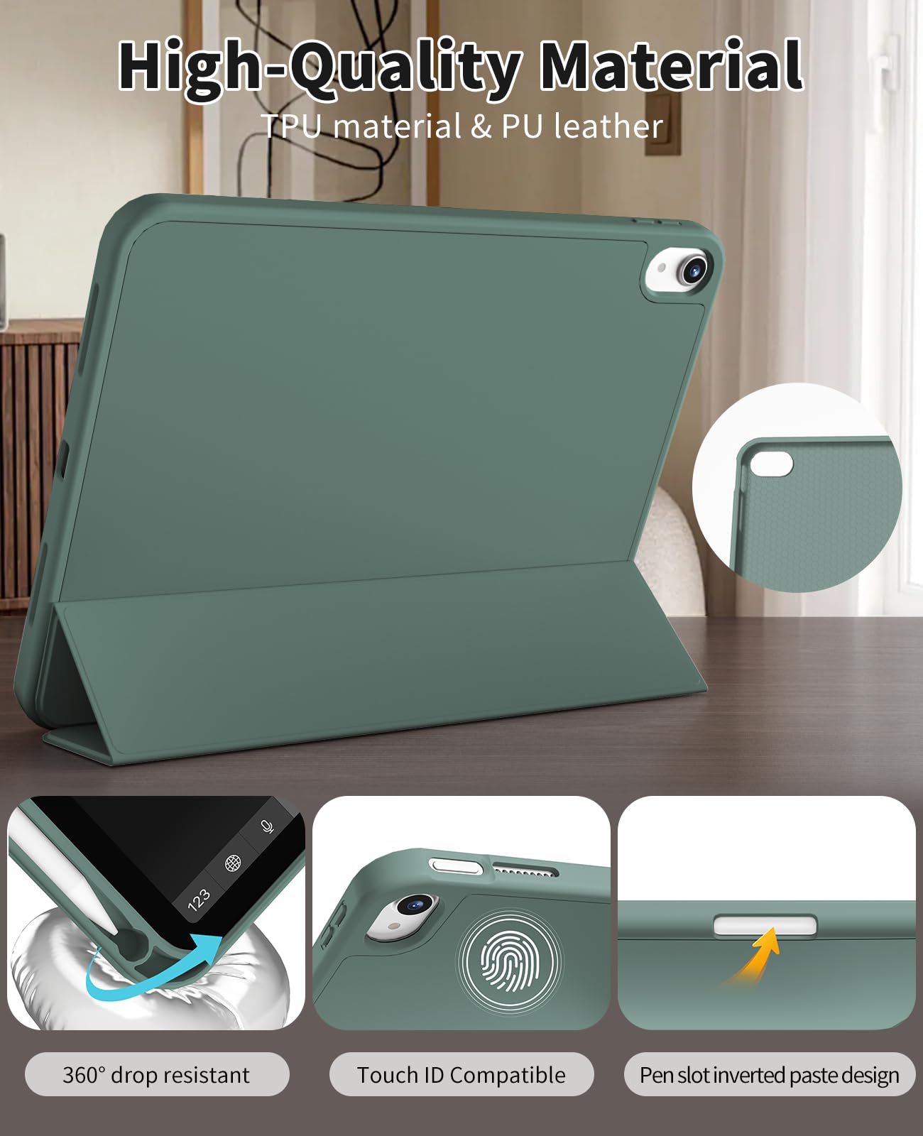 Hülle Für IPad 11. Gen 2025 / 10. Gen 2022 – Mit Stifthalter, Auto Sleep/Wake, TPU-Rückseite, Magnetisch, Dunkelgrün