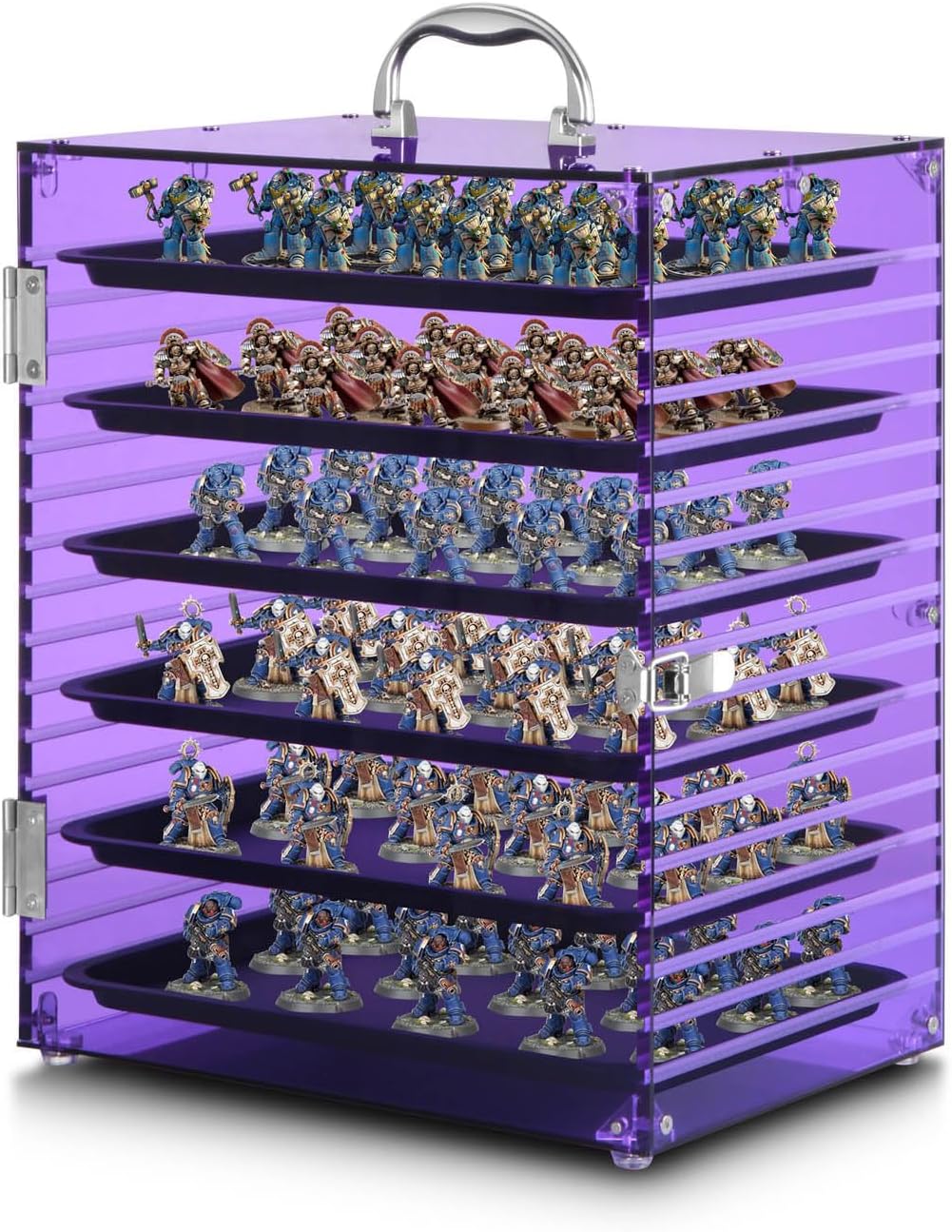 Acrylic Miniature Carrying Case with 6 Magnetic Metal Trays, Display & Transport Storage Case with Protective Door,Compatible with Warhammer 40K Miniatures (Purple, Large)