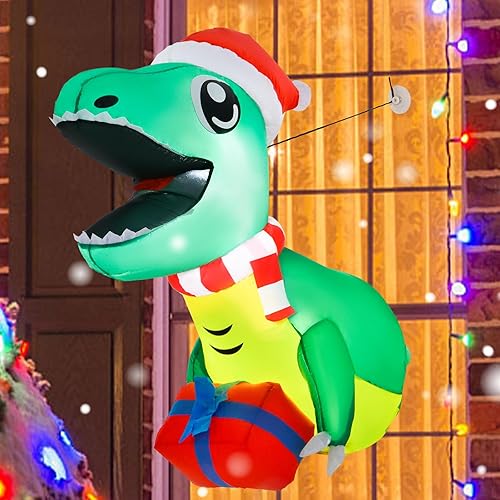 Miniatura 2 de Tangkula Dinosaurio inflable de Navidad de 3.3 pies que estalló de la ventana, dinosaurio colgante con luces LED integradas, decoración de Navidad