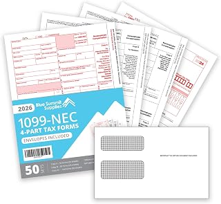 Blue Summit Supplies 1099 NEC 2026 Tax Forms Kit, 50 Pk, 4 Part, Envelopes