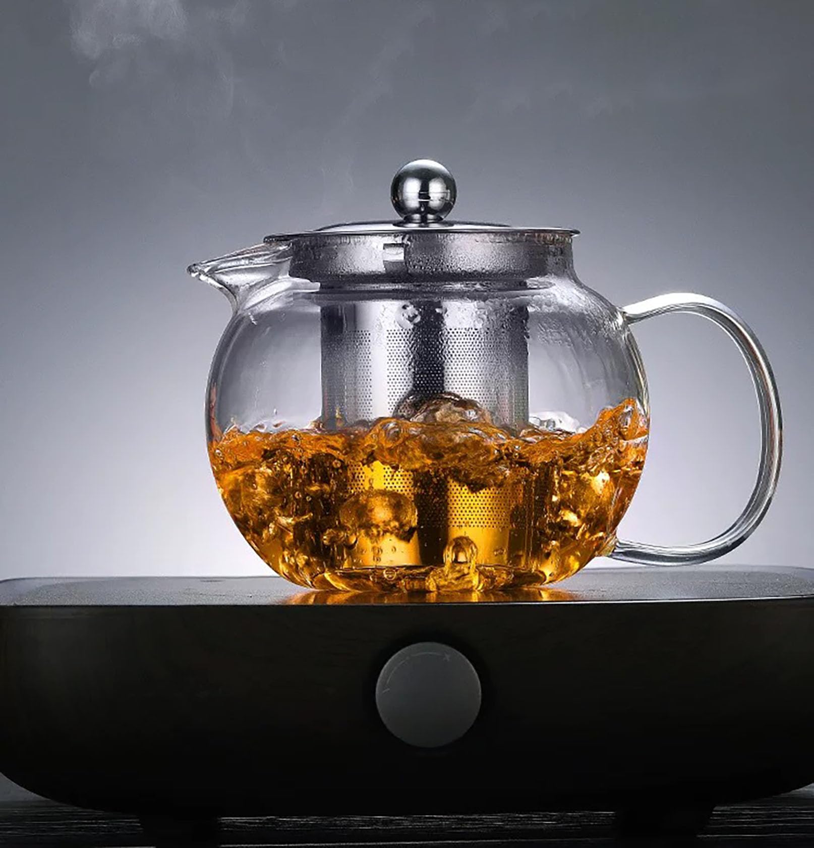 Tetera de vidrio con infusor de acero inoxidable, tetera de vidrio de borosilicato resistente al calor de 950 ml, boquilla dibujada a mano, forma redonda, porción individual