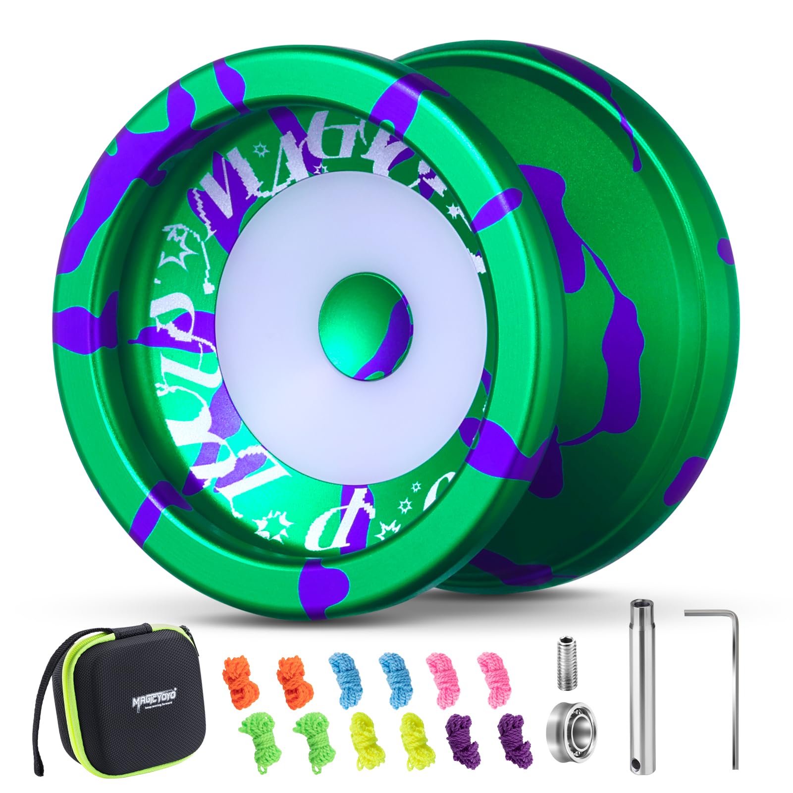Photo 1 of ?MAGICYOYO Professional Responsive Yoyo for Kids 8-12, V6 Locus Dual Function Yo Yo for Adults, Finger Spin Trick Yo-yo with Unresponsive Bearing, Bearing Tool, Case Bag, 12 Strings (Green Purple)
