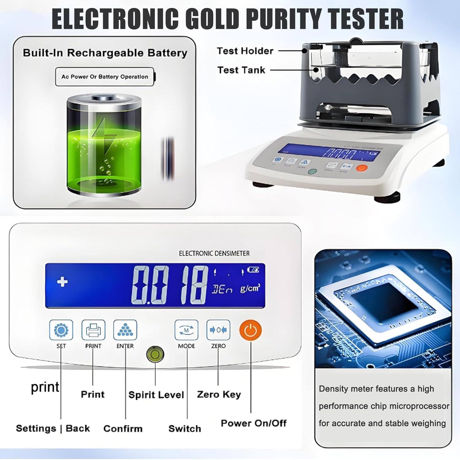 Gold Reinheit Tester, Digital Elektronische Analysegerät für Edelmetallprüfung, Dichteauflösung 0,001g/cm³ mit Drucker