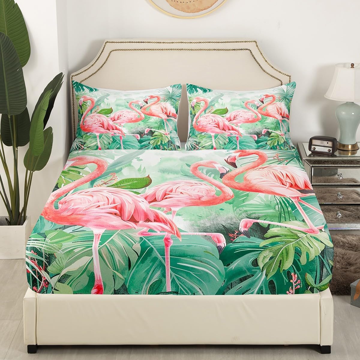 Flamingo Bed Sheet Set Tropical Flamingo Pattern Fitted Sheet for Girls Women Ultra Soft Animal Decor Tropical Palm Leaf Bedding Set Bird Print Bed Cover Room Decor Queen