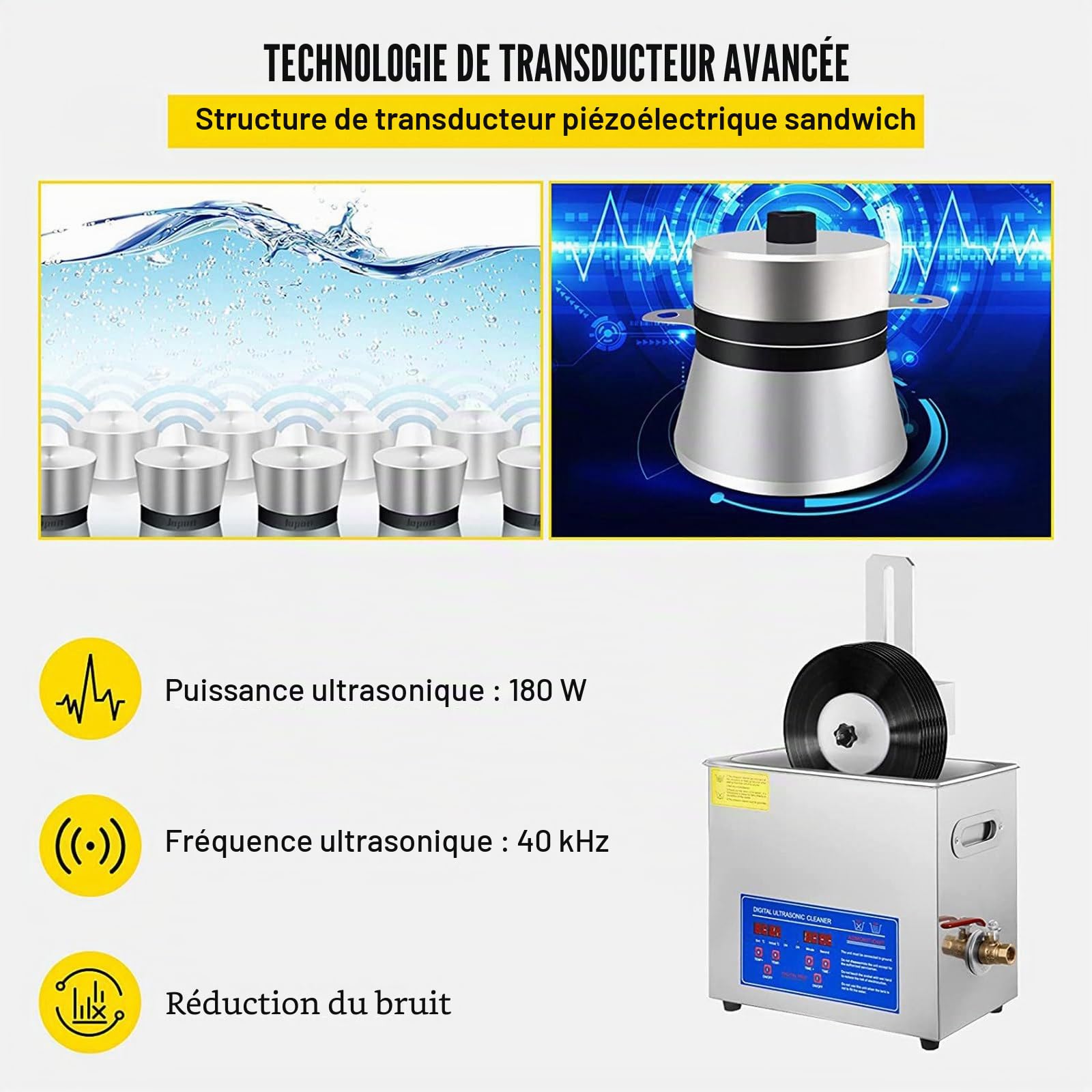 Nettoyeur à ultrasons, nettoyeur à ultrasons pour disque vinyle 6L, machine de nettoyage à ultrasons 180W avec minuterie de 0 à 30 minutes et rotation automatique pour enregistrement de 7 à 12 pouces
