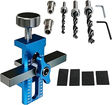 Cabinet Door Installation Jig,2-in-1 Mounting Tool,Aluminium Alloy Adjustable Positioner for Most Cabinet Doors with 3 Drill BitsBlue