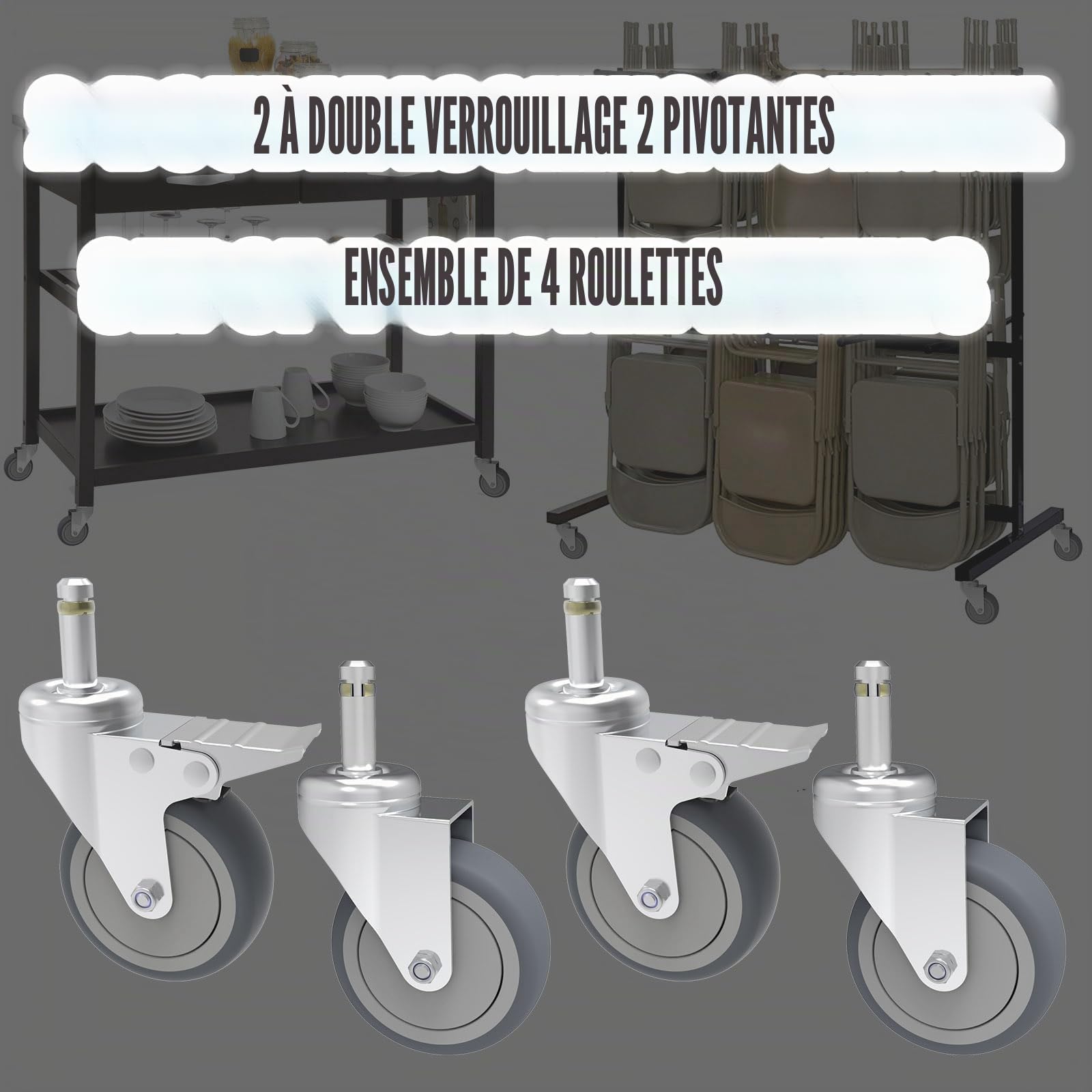 RILIDRI Rubbermaid Lot de 4 roulettes à tige pivotante de 10,2 cm, roue en caoutchouc de 1,2 cm de diamètre, roues de rechange robustes en TPR pour chariot à serpillère et seau à vadrouille (2 freins,