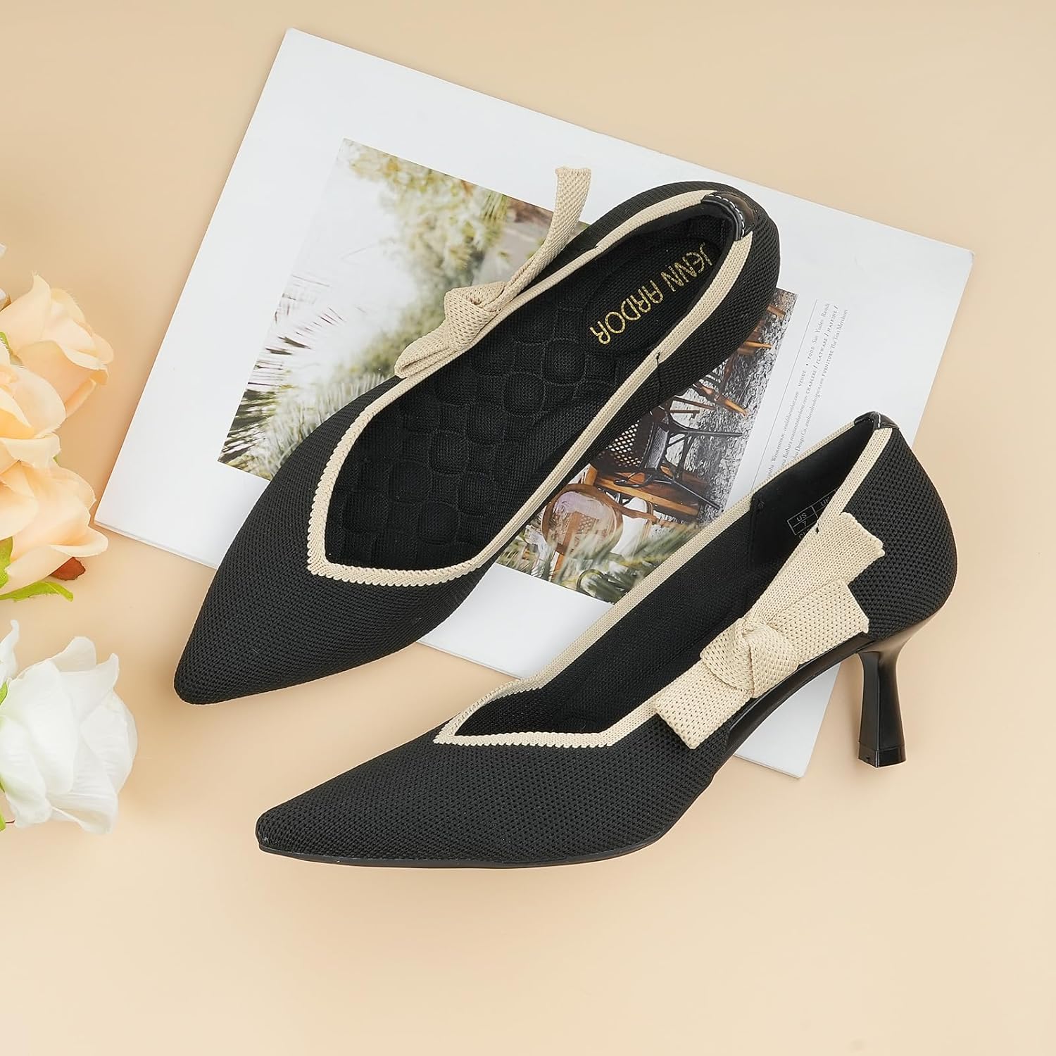 JENN ARDOR Kitten Heels for Womens Pumps Dress Shoes for Women Low Heel Pumps Comfortable Knit 2.1 Inch Pointed Toe Dressy Wedding Party Prom Office Work Heels Shoes