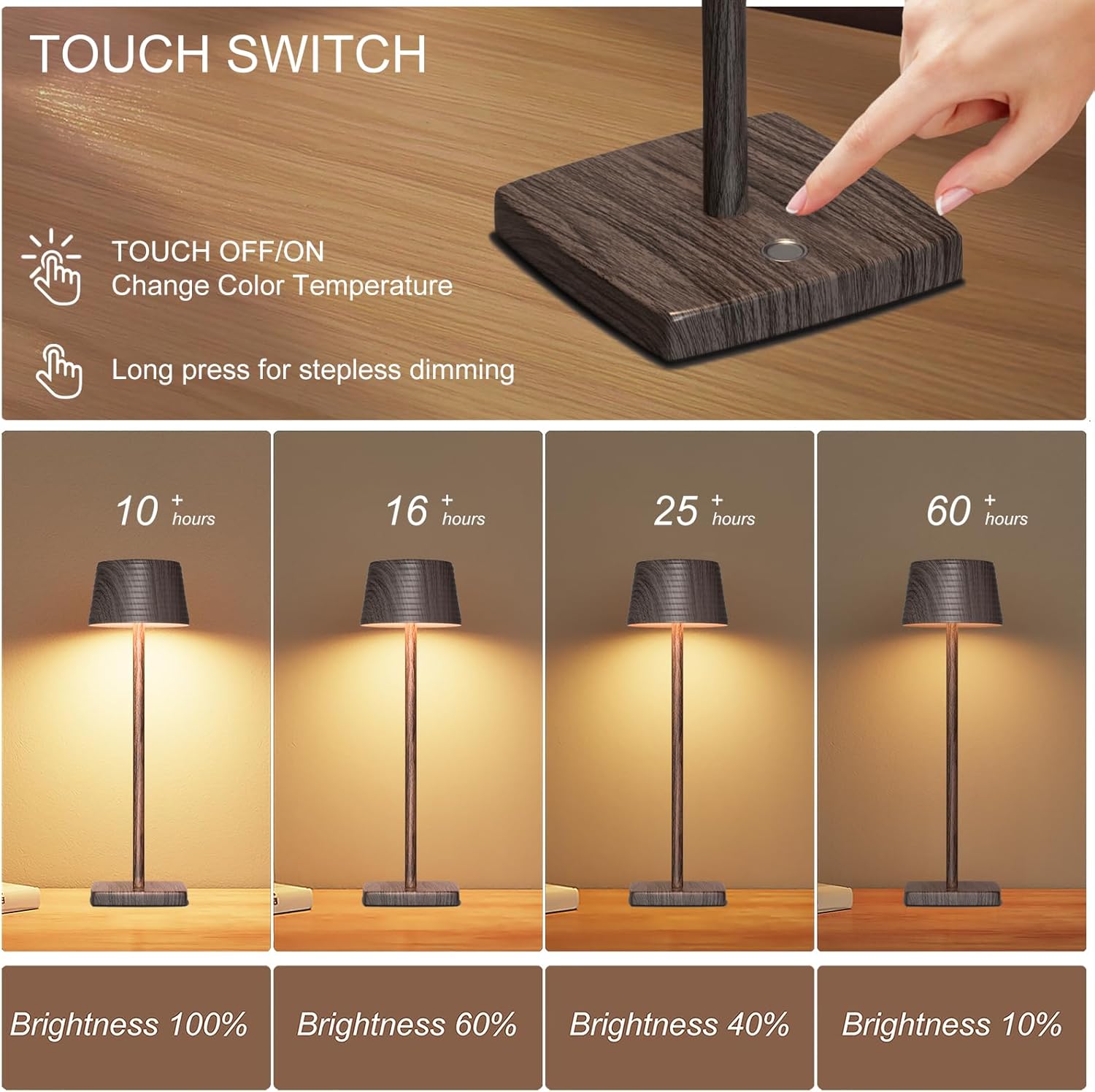 Cordless Rechargeable LED Table Lamps, Metal, 3 Color Touch Stepless Dimmable, IP54 Waterproof Portable Battery Operated for Outdoor Dining Patio Restaurant Home Decor, Black (2-Pack-Walnut)