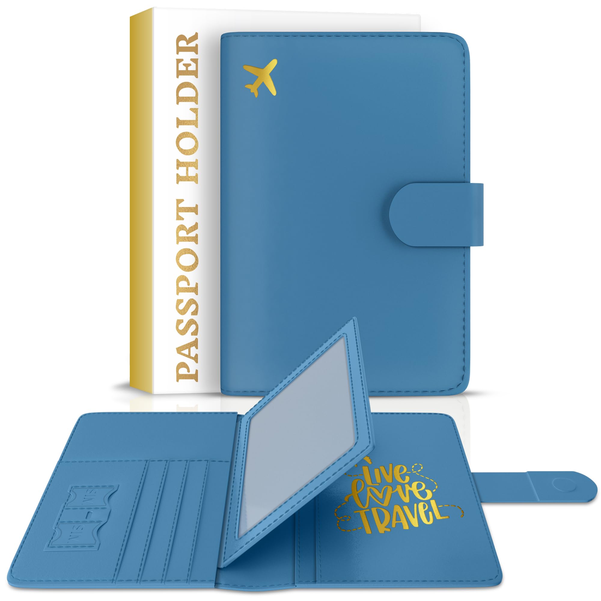 RFID Passport Holder Wallet for Men & Women Premium Waterproof Travel Accessories, Passport Cover Organizer with Card & SIM Slots, Magnetic Closure Travel Document Wallet (Denim Blue)