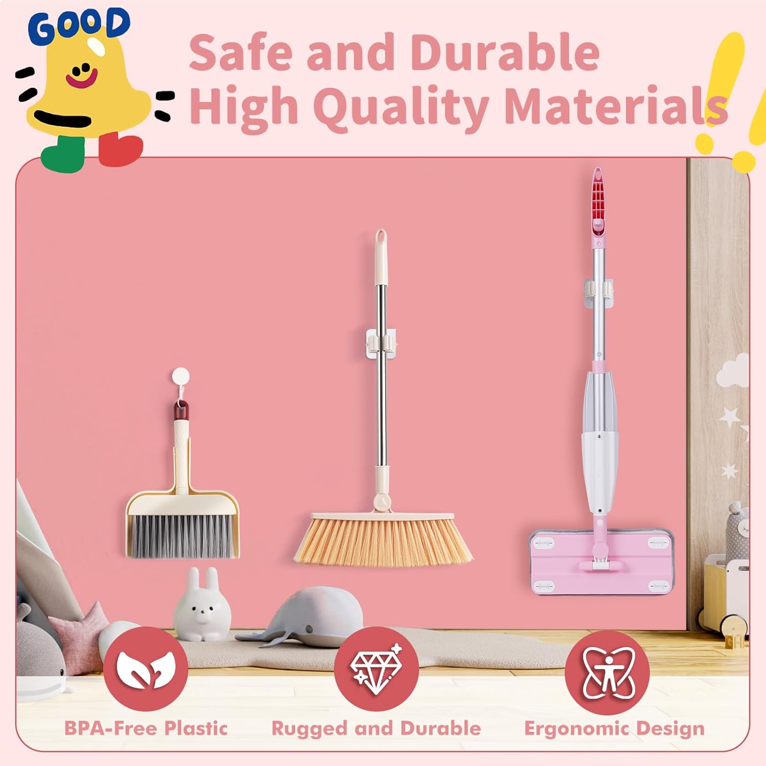 Kids Spray Mop,Toddler Mop Cleaning Set, Real Working Mini Mop & Kids Broom Dustpan Set, Housekeeping Pretend Play Toy, Montessori Kid Cleaning Toy Set Includes Organizer Clip -Pink