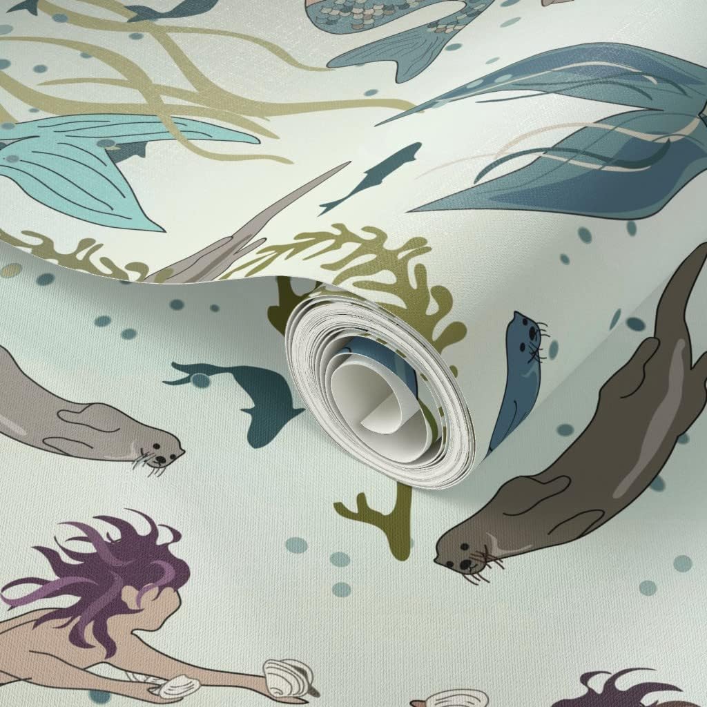 Peel & Stick Wallpaper 3ft x 2ft - Mermaids Otters Mermaid Undersea Ocean Swimming Life Whimsical Sea Mythical Fairy Custom Removable Wallpaper by Spoonflower