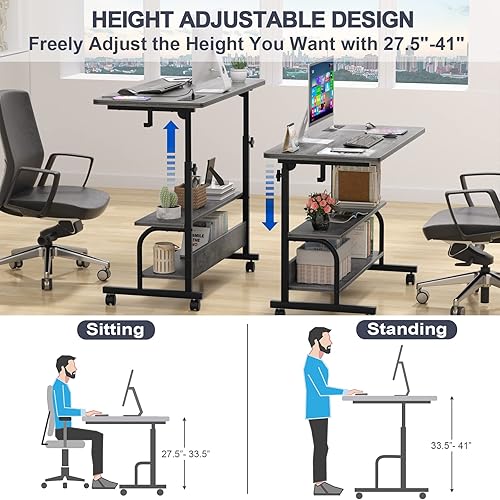 Miniatura 6 de Height Adjustable Standing Desk with Power Outlets, 32" Manual Stand Up Desk with Storage Shelves Small Mobile Rolling Computer Desk Portable Laptop