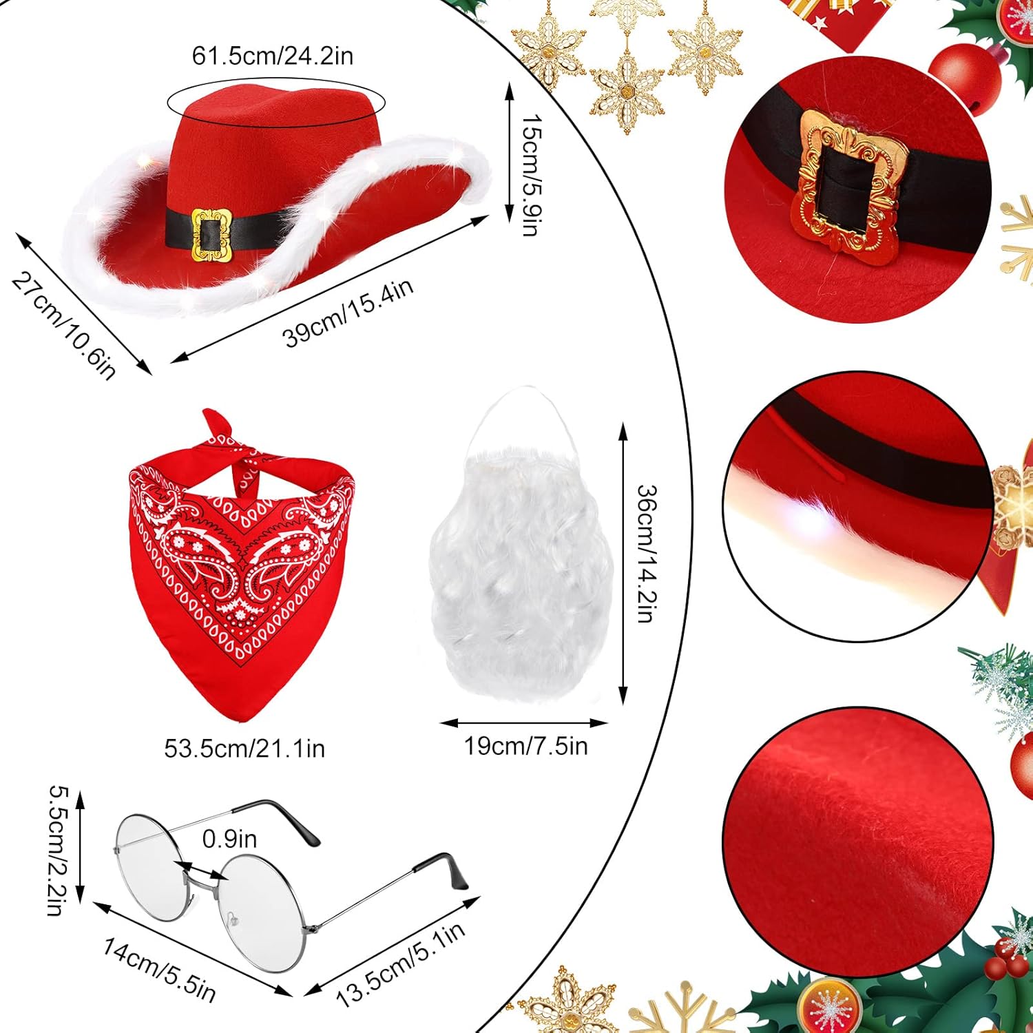 Miniatura 2 de Jinei Juego de 4 piezas de disfraz de Papá Noel, sombrero de vaquero y barba, anteojos de Navidad, bufanda bandana para disfraz de Navidad,