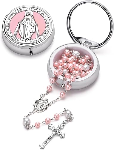 Miniatura 17 de Rosario de perlas de vidrio católico para mujeres, medalla de la Virgen María, rosario de primera comunión para niñas con caja de regalo milagrosa