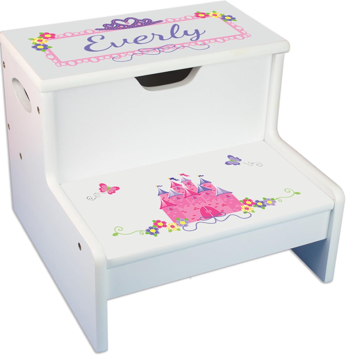 My Bambino Personalized Pink Gray Floral Garland White Childrens Step Stool with Storage | Birthday Gift for Girls (Princess Castle)