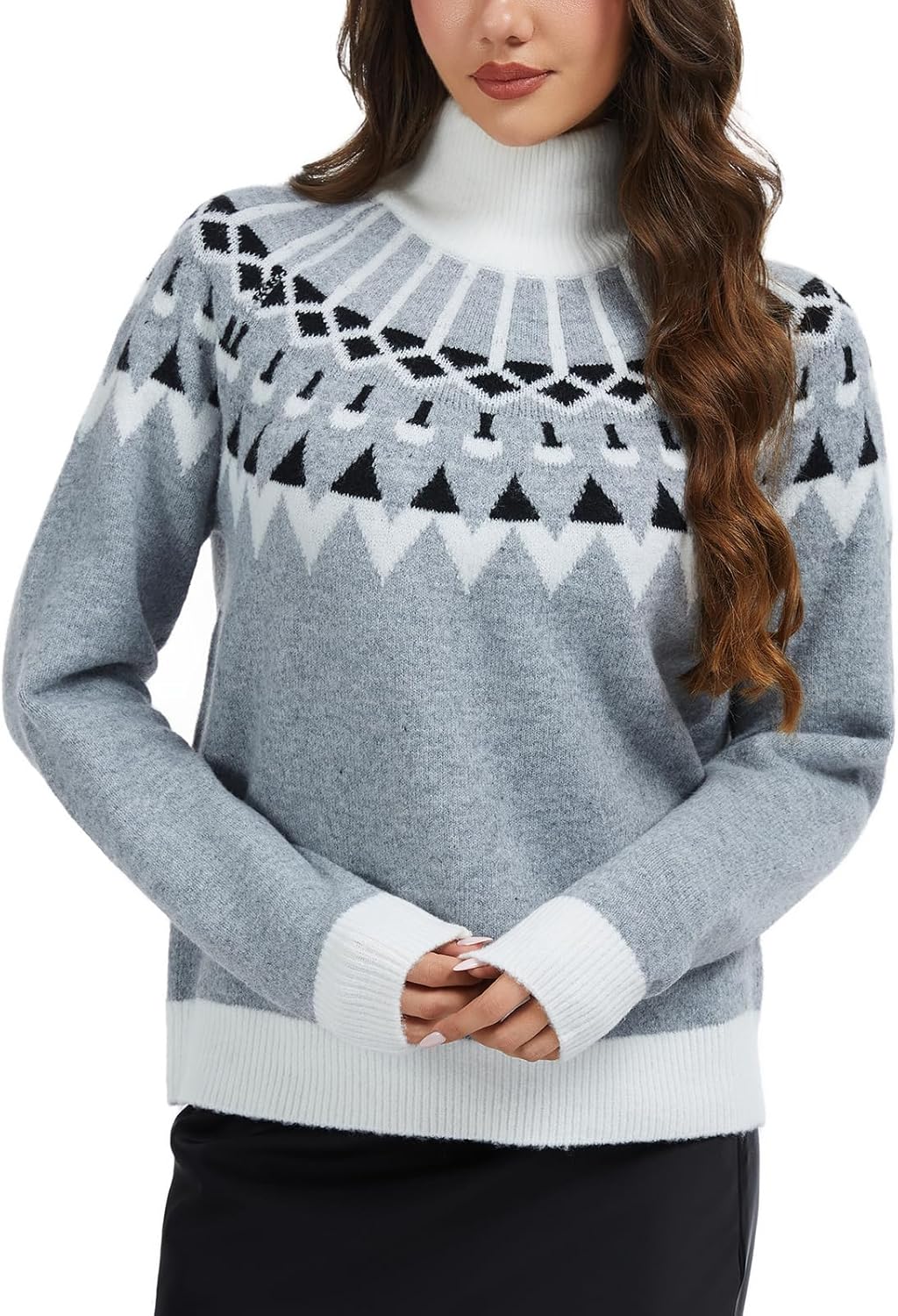 Womens Lightweight Vintage Fair Isle Sweater Long Sleeve Turtleneck Knitted Pullover Tops - Image 3