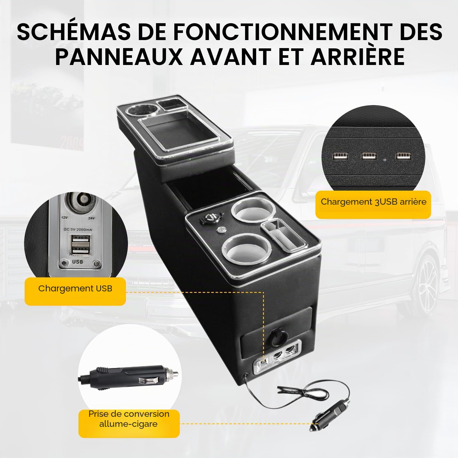 Console Centrale avec étagères de Rangement Compatible Avec VW T4 T5 T6 T7 | T6.1 2003-2019, Porte-Boisson Téléphone Cuir Noir Brillant Accoudoir Avec USB et Lumières LED, Allume-cigare