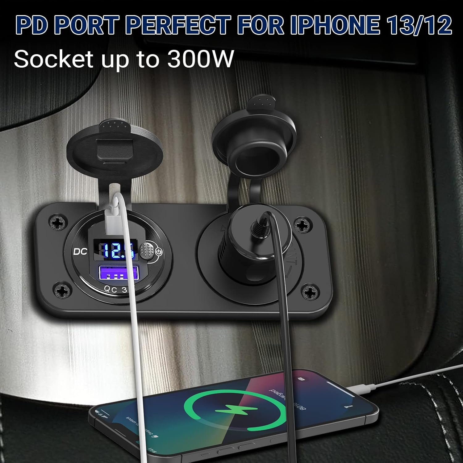 Cigarette Lighter Socket 12 Volt USB Outlet: PD 20W C and QC3.0 Car Port Aluminum Metal 12V Plug, 150W Charger Panel with Power Switch LED Voltmeter for Marine Boat RV Golf Cart