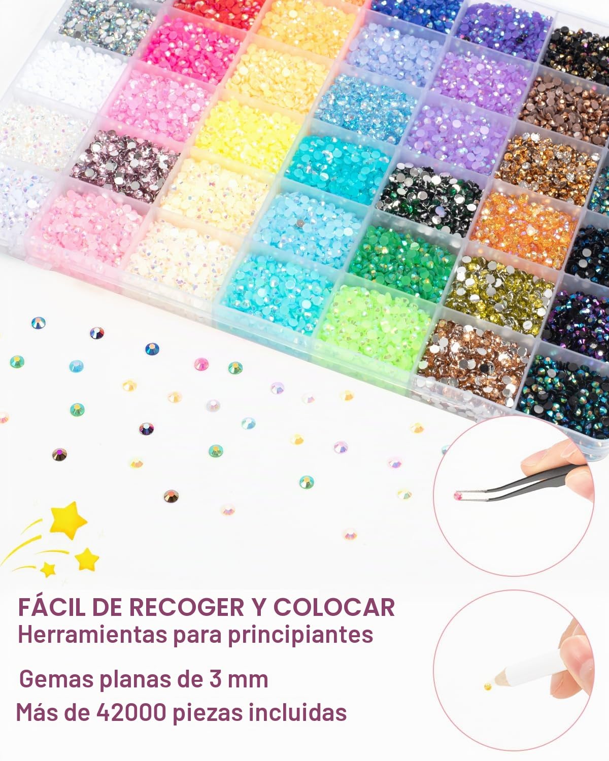 Vinuwu 42000+ piezas de strass, 3mm 42 colores de piedras de brillo para manualidades, kit de bedazzling para uñas y textiles, arte de uñas con strass y pintura de diamantes DIY (no incluye pegamento)
