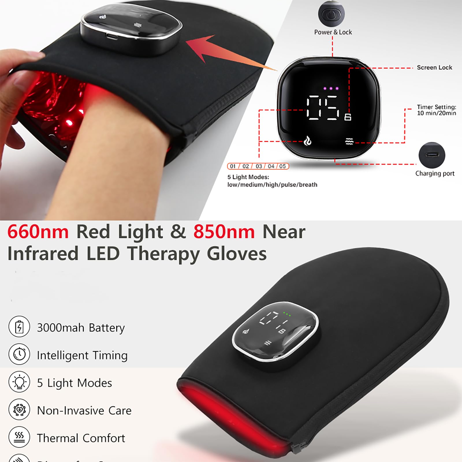 Dispositivo De Terapia De Luz Roja Para Manos, Guante De Terapia De Luz Roja Con Pantalla Digital Y Diseño Con Cremallera, Estructura De Chip De Doble Cara Y Portátil, Ideal Para Viajes, Hogar